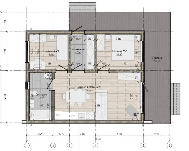 Планировка Unit 77 — чертёж: 2 спальни, кухня-гостиная 24,4 м², санузел 6,2 м², прихожая 4,7 м², терраса 25,2 м²